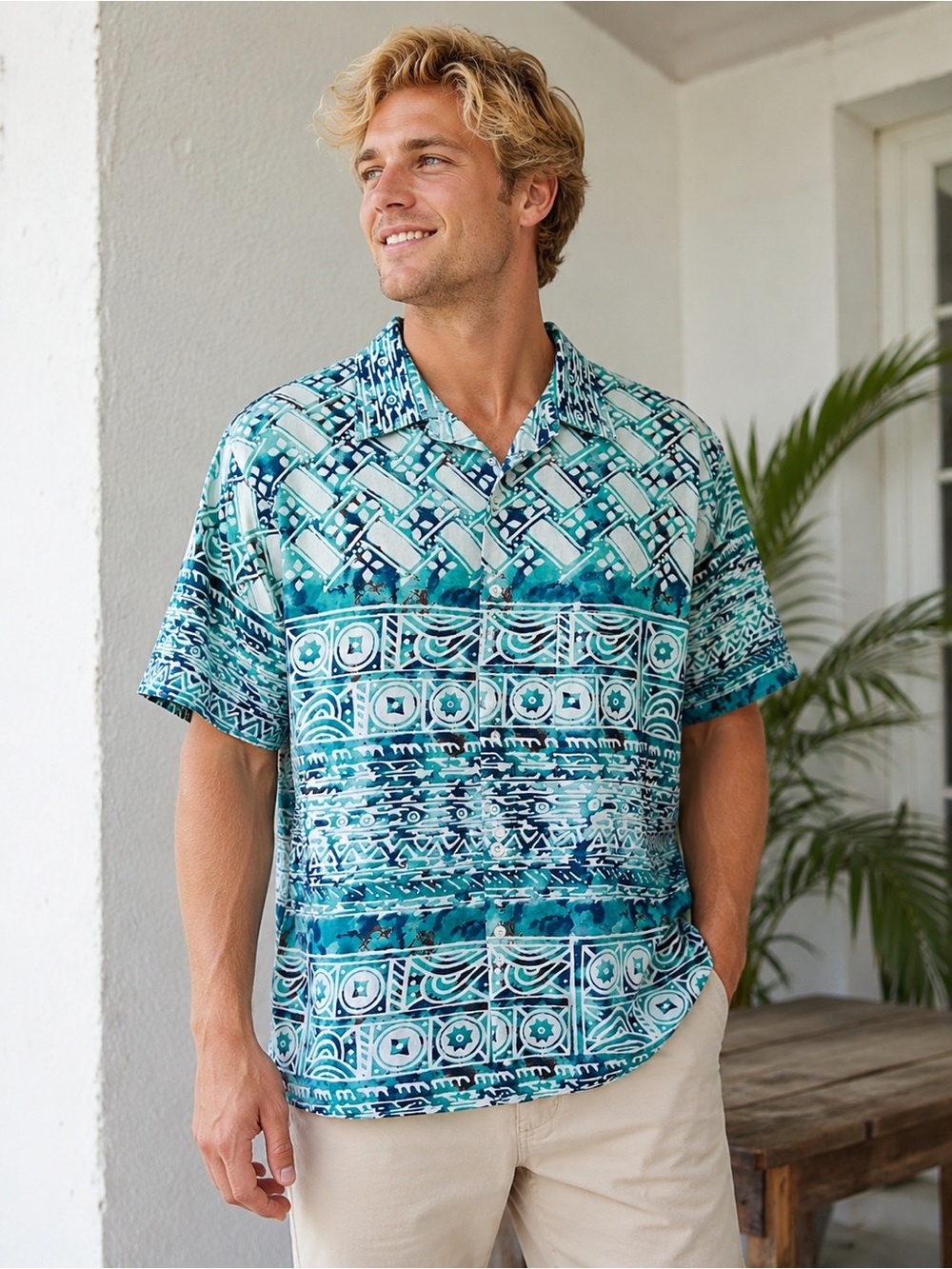 Vintage Body Objects Hawaiian XL Blue Geometric USA Made 100% Cotton Camp Shirt